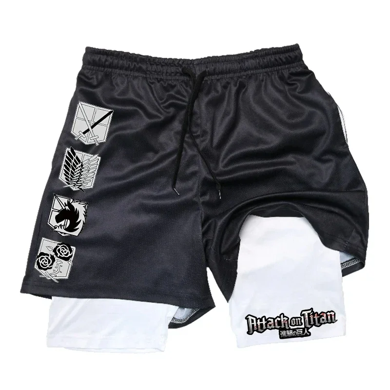 Compression Shorts Athletes - アニメ進撃の巨人 2 in 1 ジムワークアウトショーツ男性用速乾性ストレッチアスレチックコンプレッションショーツフィットネスランニングジョギング