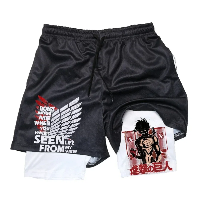 アニメ進撃の巨人 2 in 1 ジムワークアウトショーツ男性 - Compression Shorts Athletes のレビューと価格