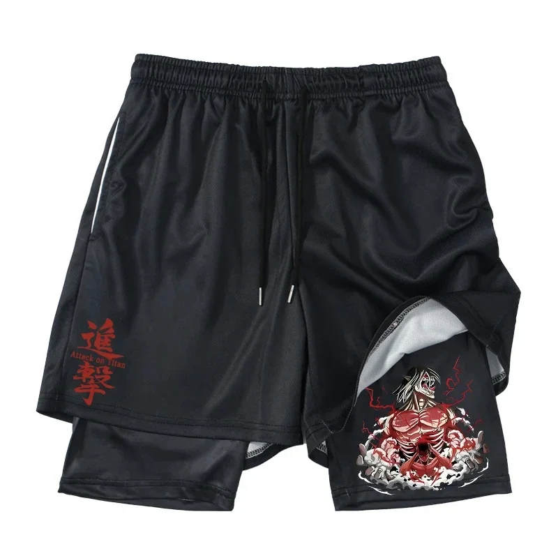 アニメ進撃の巨人 2 in 1 ジムワークアウトショーツ男性 - Compression Shorts Athletes のレビューと価格