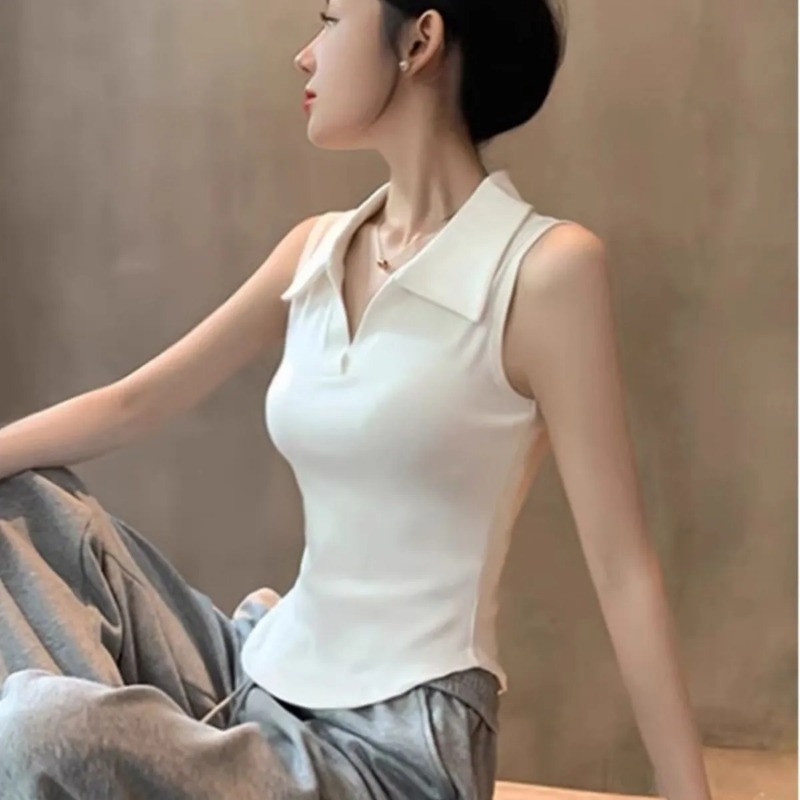 レディース ホワイト ノースリーブ ポロネック タンクトップ - Tank Top Ribbed のレビューと価格